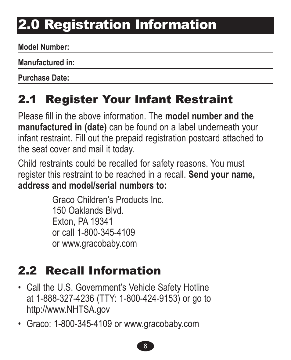0 registration information, 1 register your infant restraint, 2 recall information | Graco 7255JJB3 User Manual | Page 38 / 112