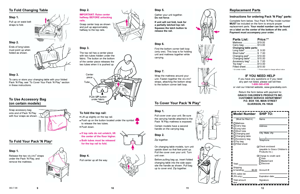 Replacement parts, If you need help, Model number | Ship to, Parts list, Price | Graco PACK 'N PLAY 9125 User Manual | Page 5 / 6