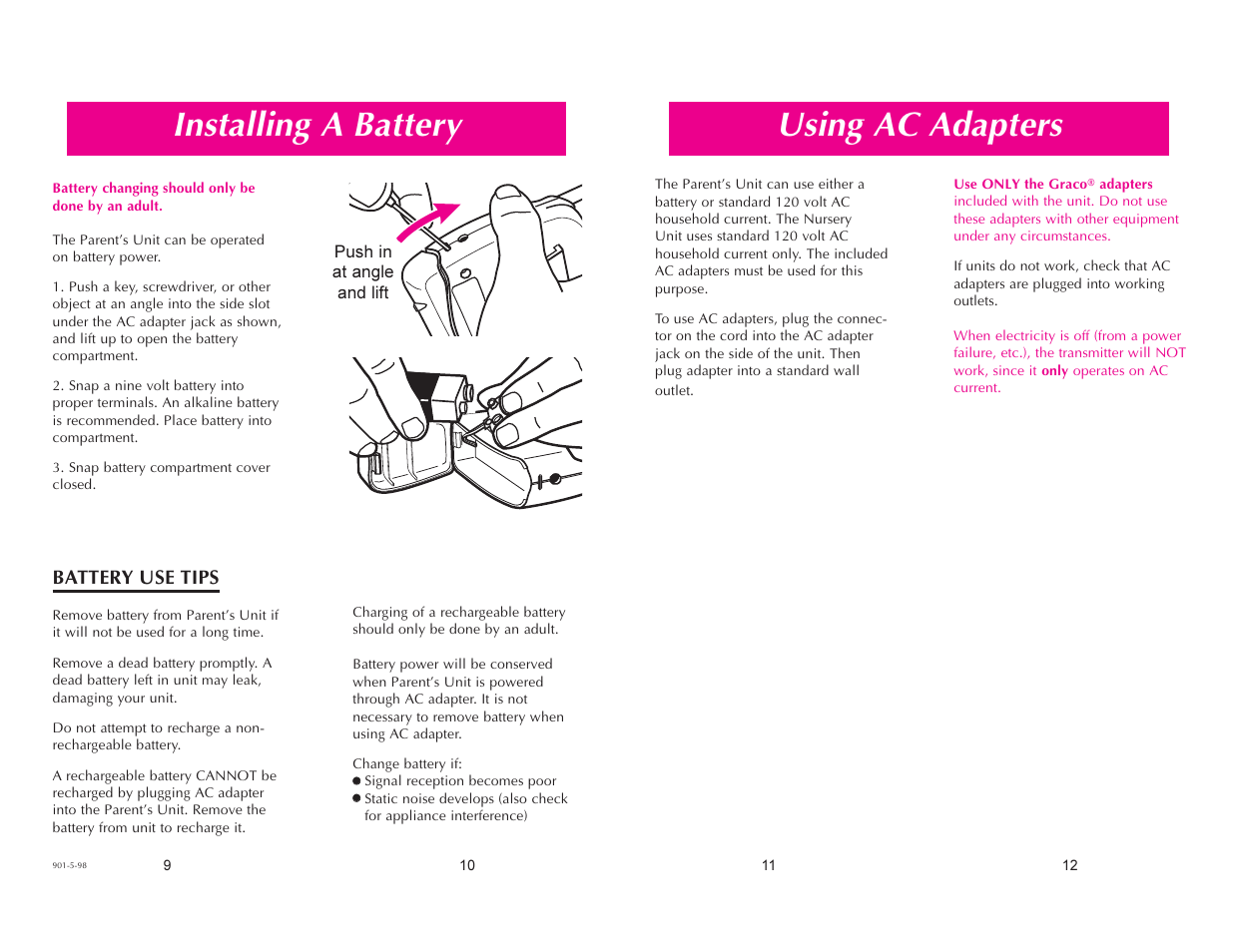 Installing a battery, Using ac adapters | Graco Sound Sleep User Manual | Page 3 / 4