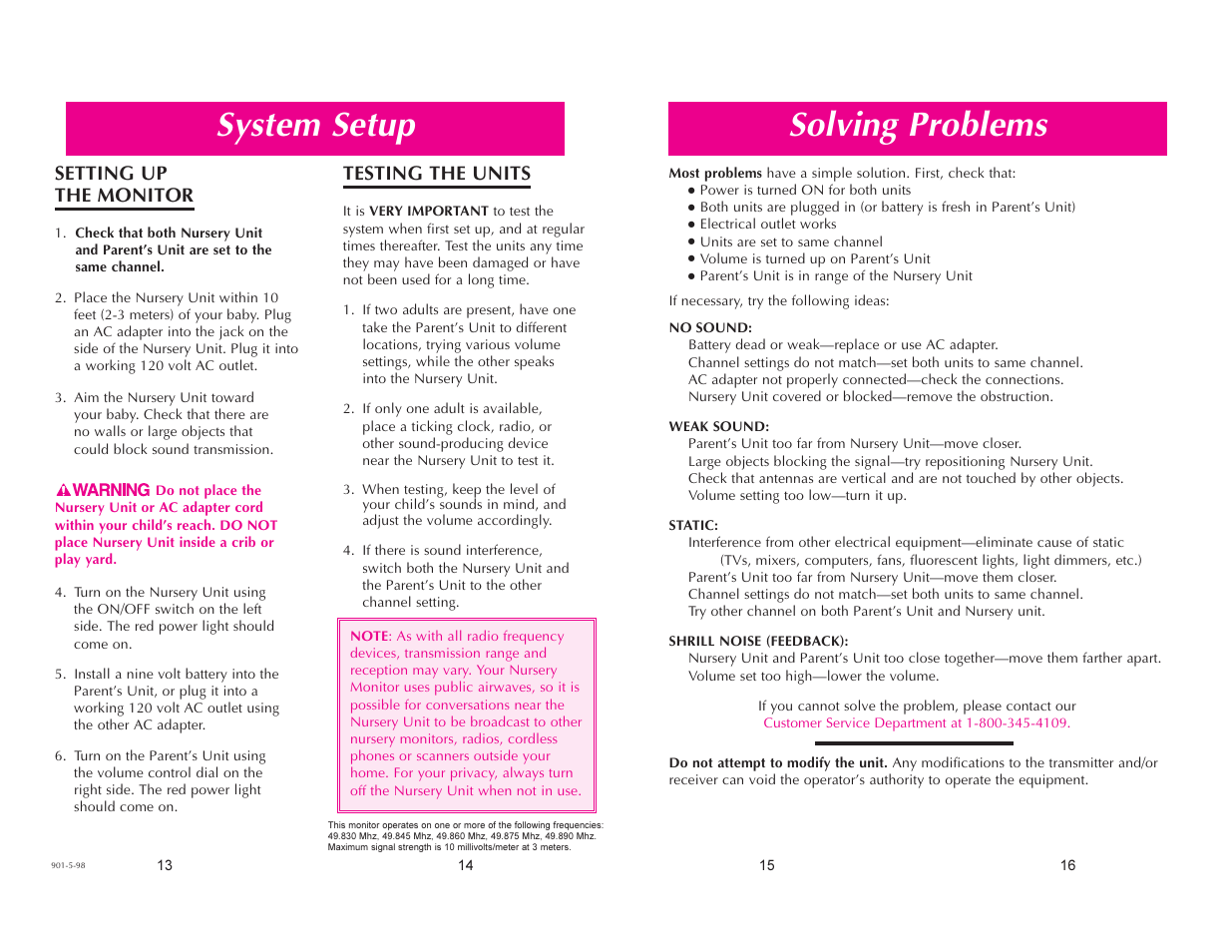 Solving problems, System setup, Setting up the monitor | Testing the units | Graco Sound Sleep User Manual | Page 4 / 4