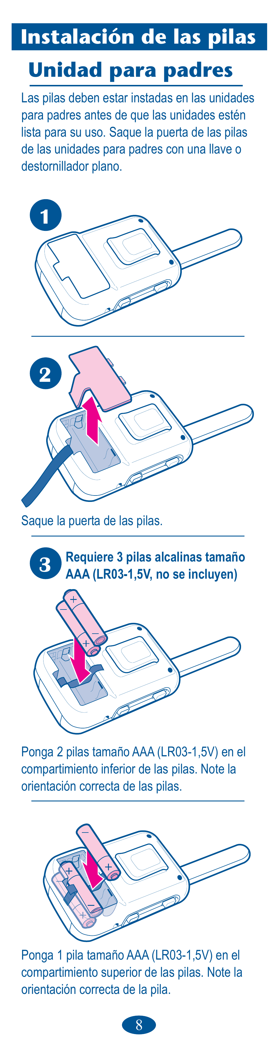 Instalación de las pilas unidad para padres | Graco Ultra Clear PD106594B User Manual | Page 24 / 32