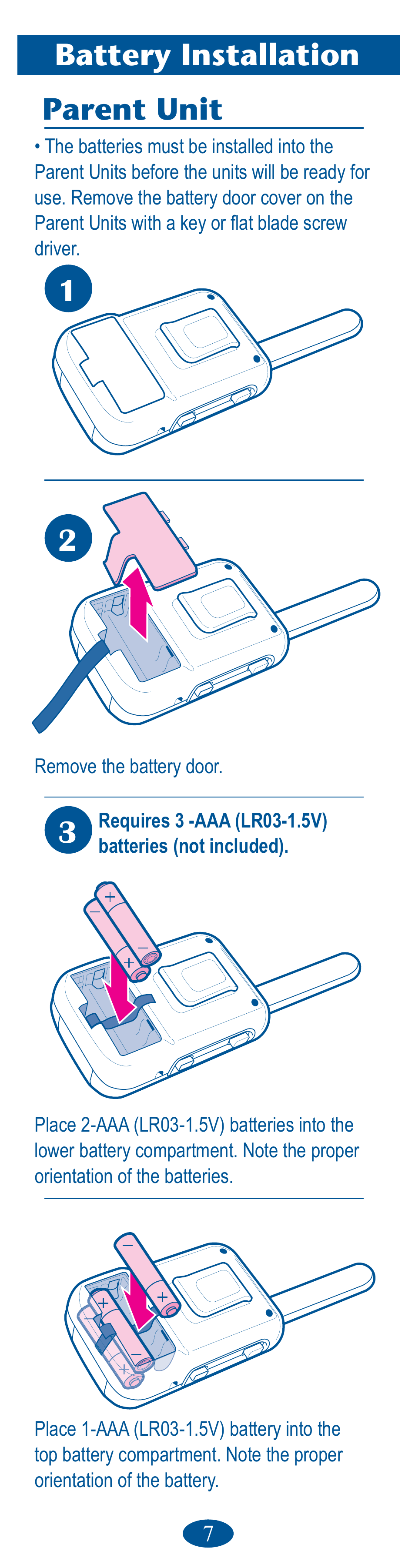 Battery installation parent unit | Graco Ultra Clear PD106594B User Manual | Page 7 / 32