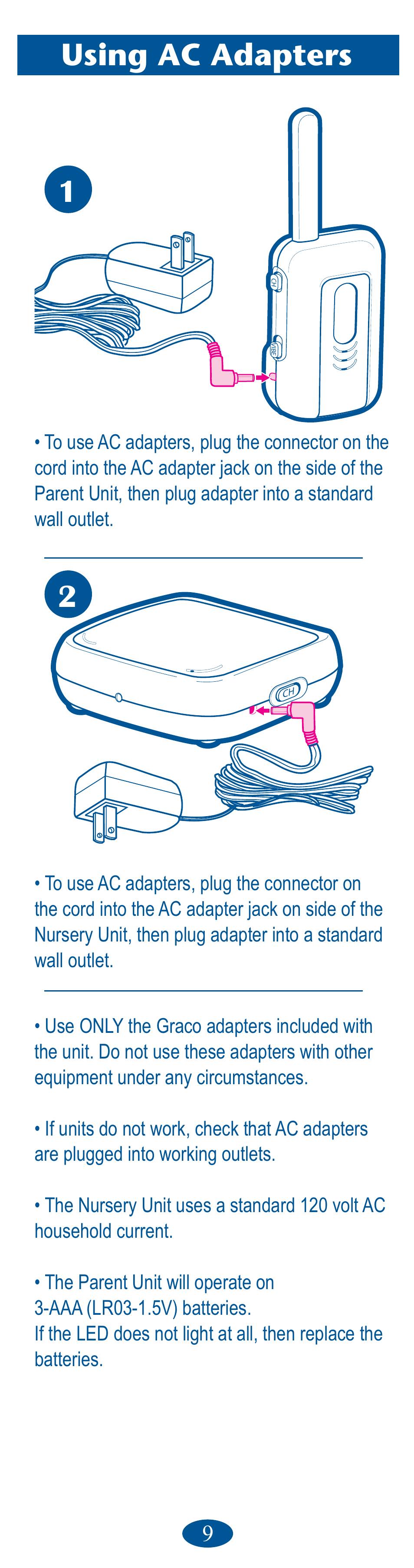 Using ac adapters | Graco Ultra Clear PD106594B User Manual | Page 9 / 32