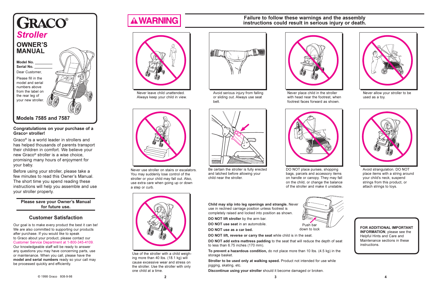 Stroller, Owners manual, Customer satisfaction | Graco 7585 User Manual | Page 2 / 8