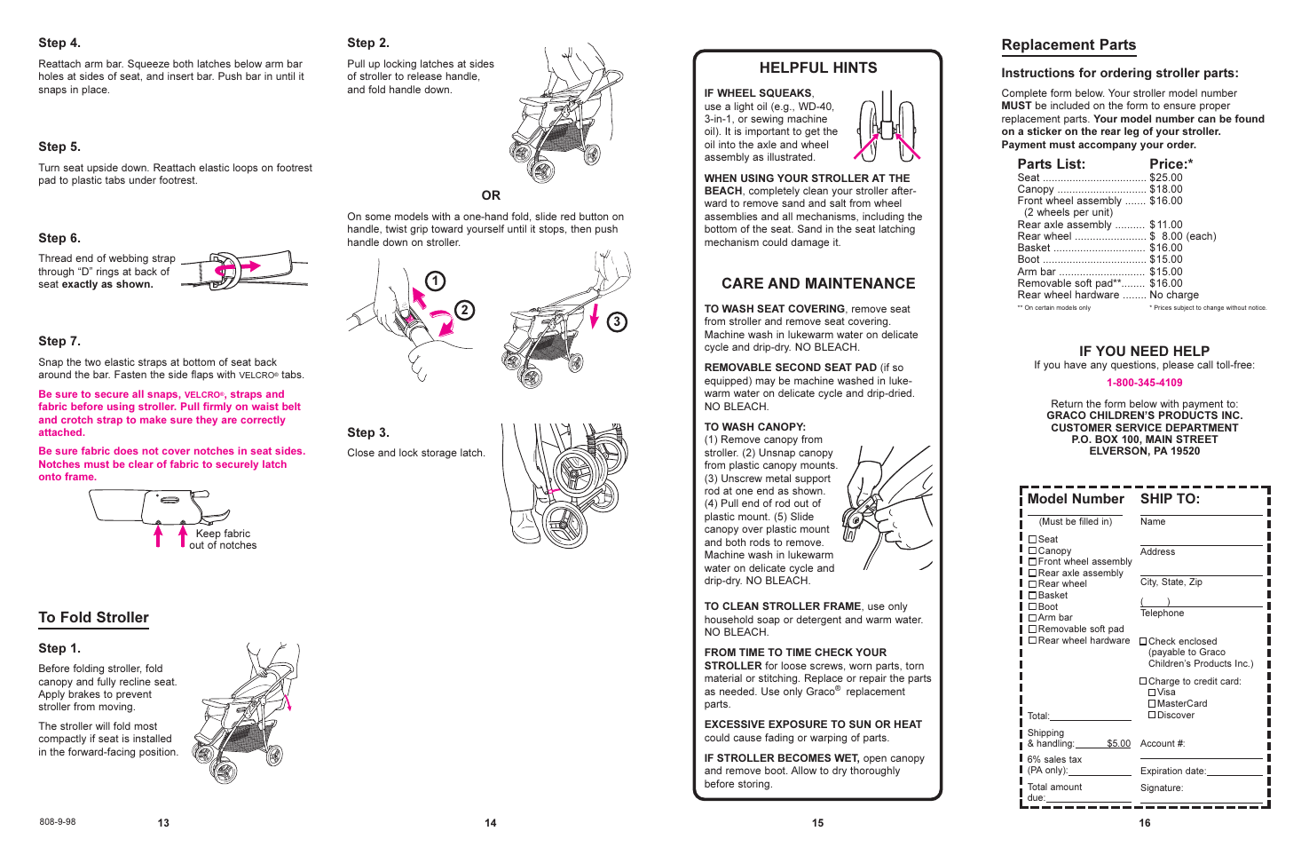 Helpful hints, Care and maintenance, Replacement parts | If you need help, Model number, Ship to, Parts list, Price | Graco 7585 User Manual | Page 8 / 8