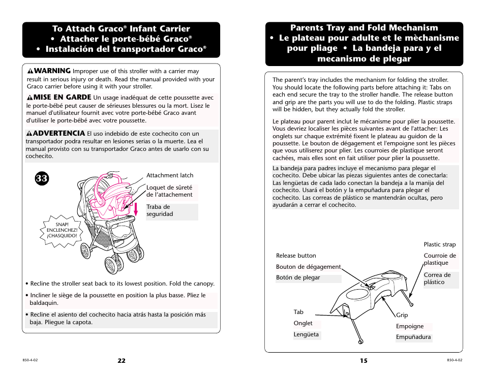 Infant carrier • attacher le porte-bébé graco, Instalación del transportador graco | Graco 6110 User Manual | Page 15 / 36