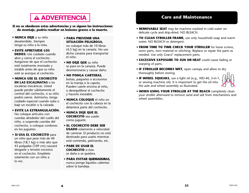 Care and maintenance | Graco 6110 User Manual | Page 31 / 36