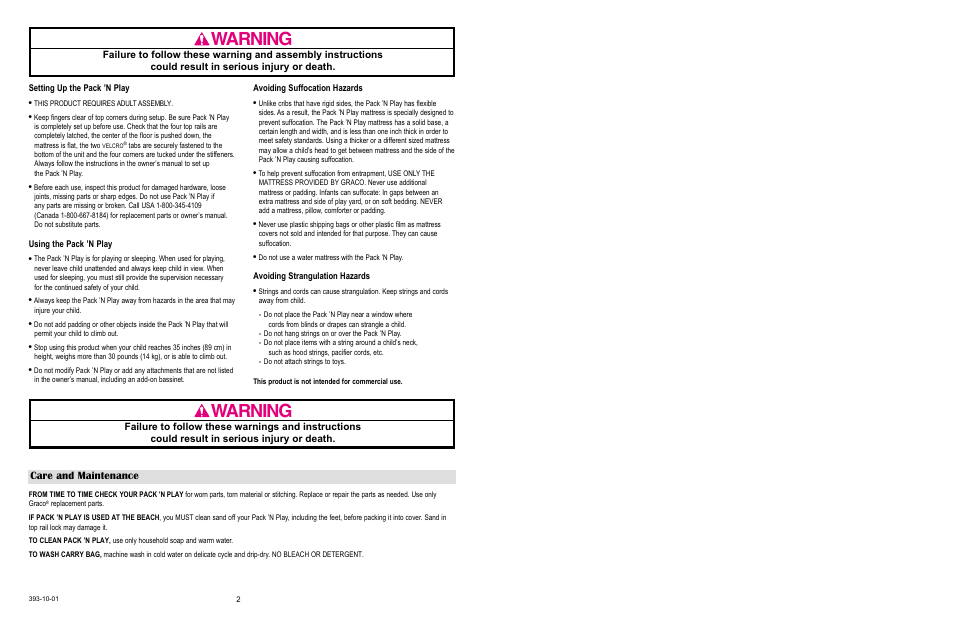 Warning, Care and maintenance | Graco 9852 User Manual | Page 2 / 21