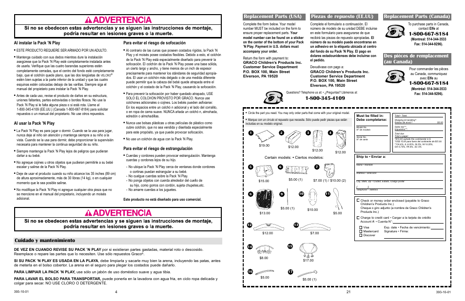 Cuidado y mantenimiento, Replacement parts (usa) piezas de repuesto (ee.uu), Replacement parts (canada) | Des pièces de remplacement (au canada), Al instalar la pack ’n play, Al usar la pack ’n play, Para evitar el riesgo de sofocación, Para evitar el riesgo de estrangulación | Graco 9852 User Manual | Page 21 / 21