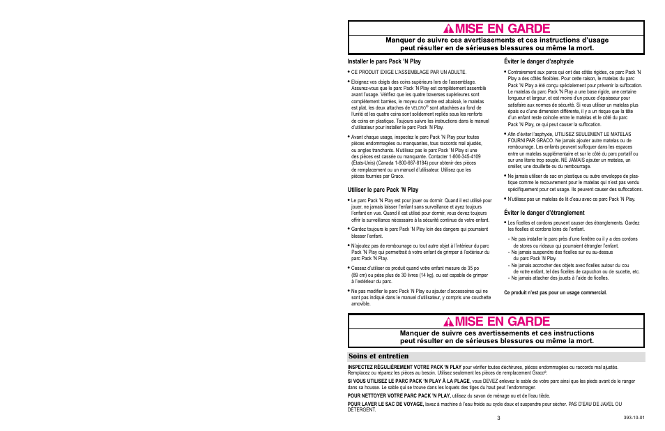 Mise en garde, Soins et entretien | Graco 9852 User Manual | Page 3 / 21