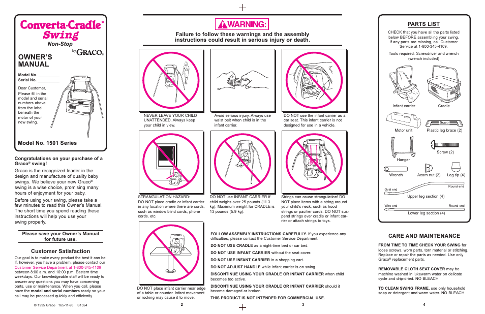 Owners manual, Care and maintenance, Customer satisfaction | Non-stop, Parts list, Model no. 1501 series | Graco 1501 User Manual | Page 2 / 6