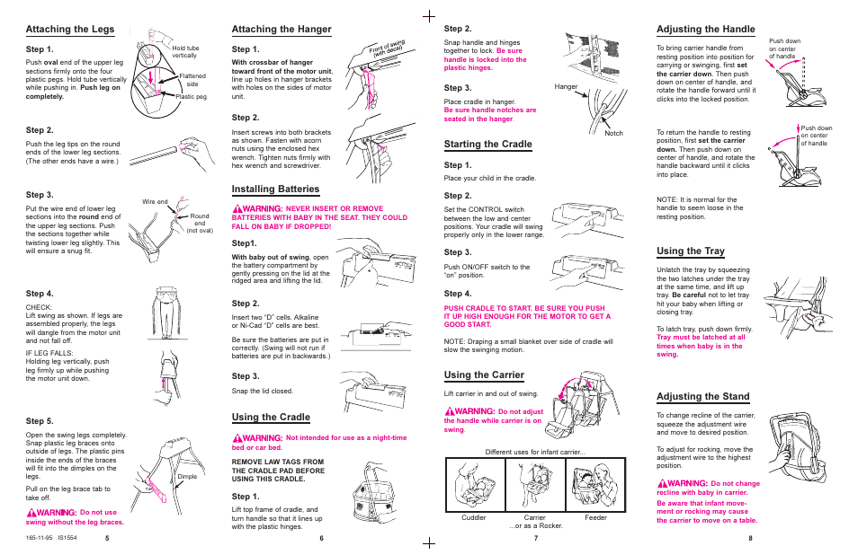 Attaching the legs, Attaching the hanger, Adjusting the handle | Using the carrier, Installing batteries, Starting the cradle, Using the tray, Adjusting the stand, Using the cradle | Graco 1501 User Manual | Page 3 / 6