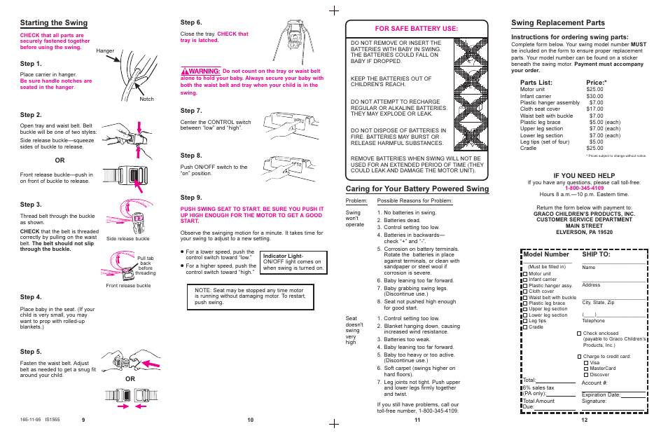 Swing replacement parts, Caring for your battery powered swing, Starting the swing | Graco 1501 User Manual | Page 5 / 6