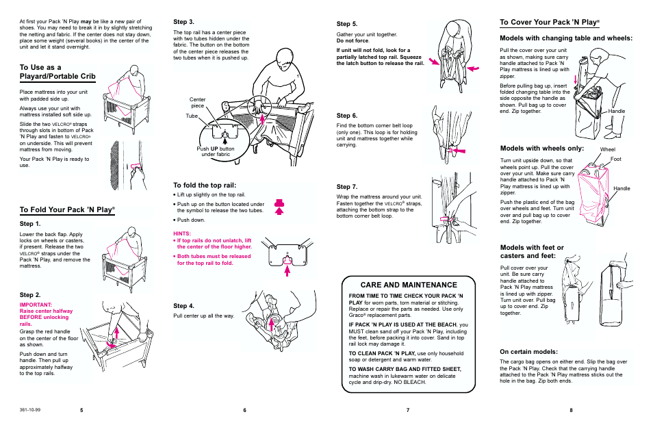 Care and maintenance, Models with changing table and wheels, Models with wheels only | Models with feet or casters and feet | Graco PACK N PLAY 9046 User Manual | Page 4 / 9