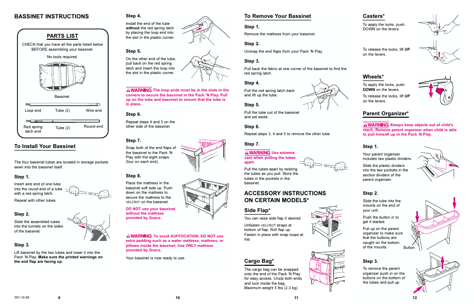 Parent organizer, Casters, Wheels | Side flap, Cargo bag | Graco PACK N PLAY 9046 User Manual | Page 6 / 9