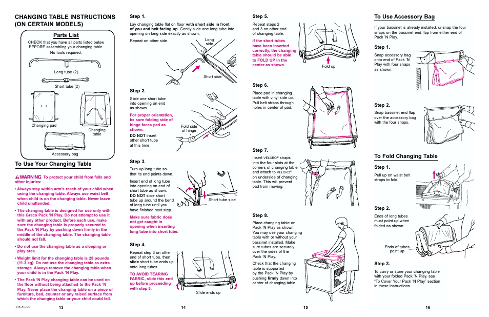 Changing table instructions (on certain models), Table parts list | Graco PACK N PLAY 9046 User Manual | Page 7 / 9