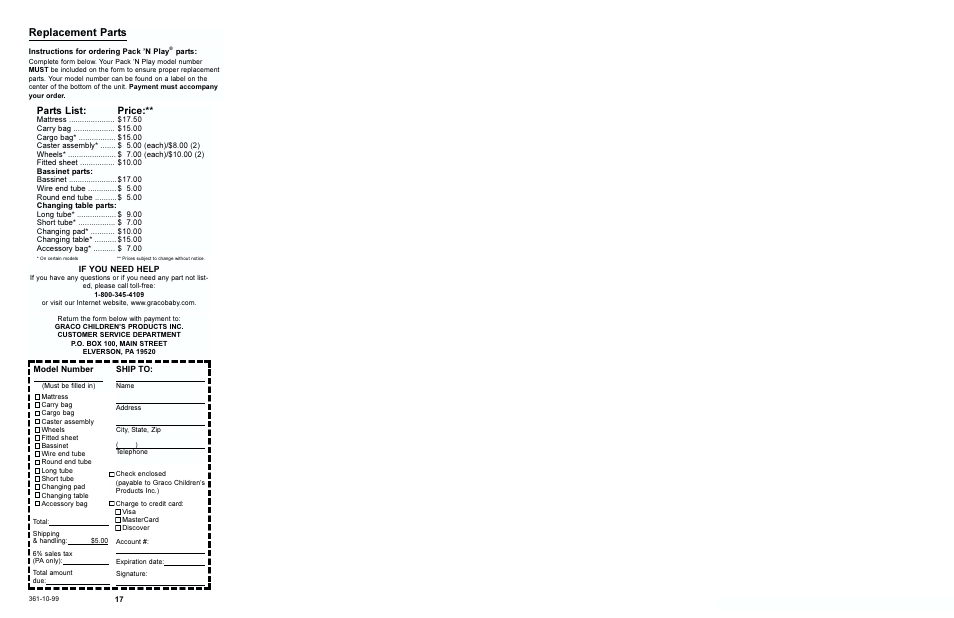 Replacement parts, Parts list, Price | Graco PACK N PLAY 9046 User Manual | Page 9 / 9