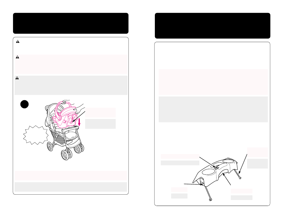 Infant carrier • attacher le porte-bébé graco, Instalación del transportador graco, Warning | Advertencia, Mise en garde | Graco 6110 User Manual | Page 22 / 128