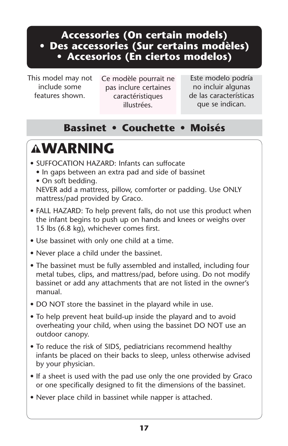 Warning, Accessories (on certain models) s s, Assinet | Graco Pack 'n Play ISPP120AD User Manual | Page 17 / 40