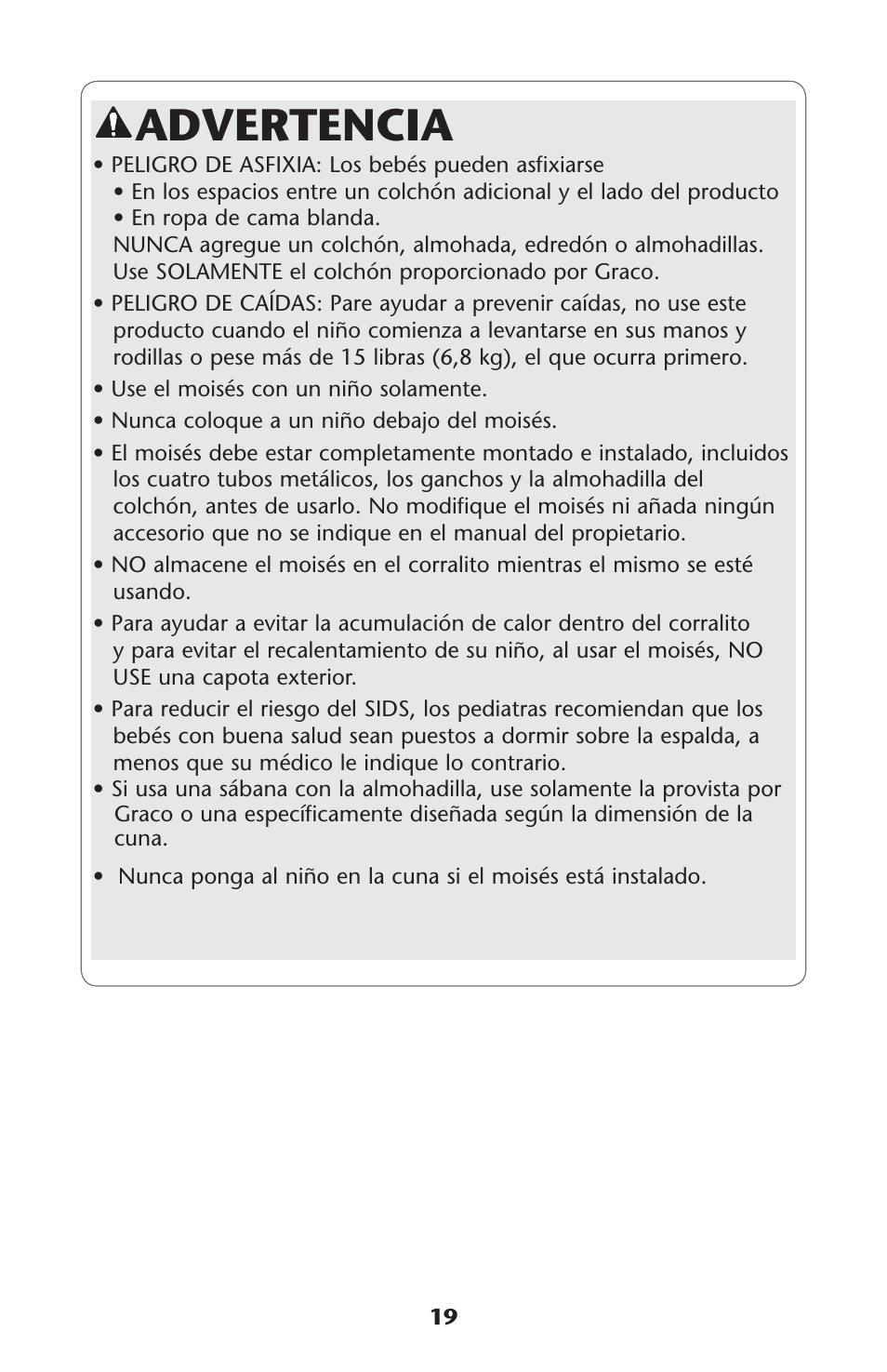 Advertencia | Graco Pack 'n Play ISPP120AD User Manual | Page 19 / 40