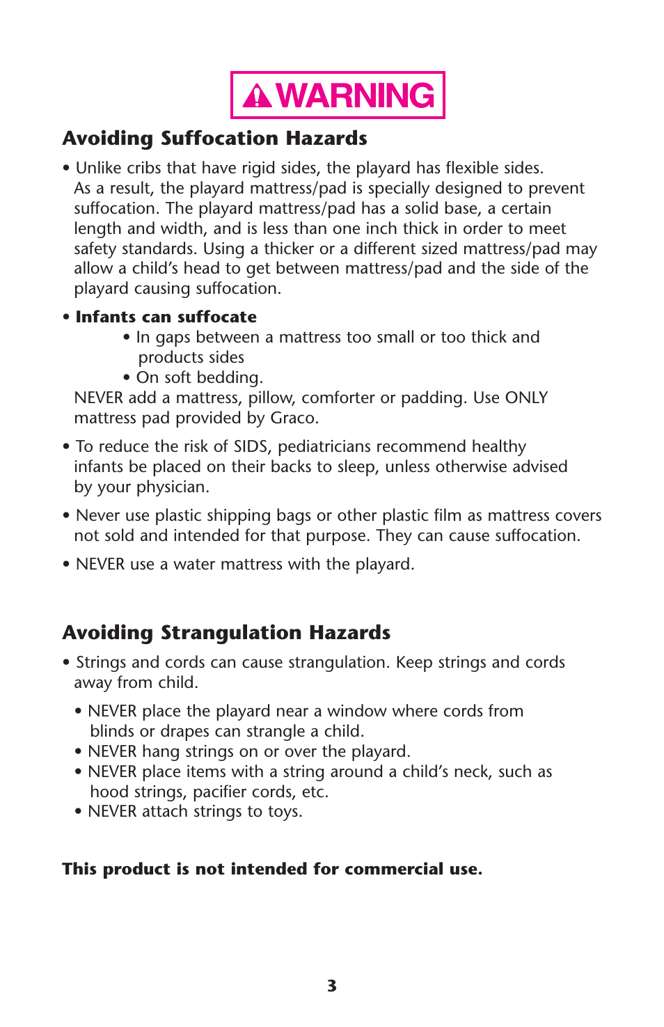 Avoiding suffocation hazards, Avoiding strangulation hazards | Graco Pack 'n Play ISPP120AD User Manual | Page 3 / 40