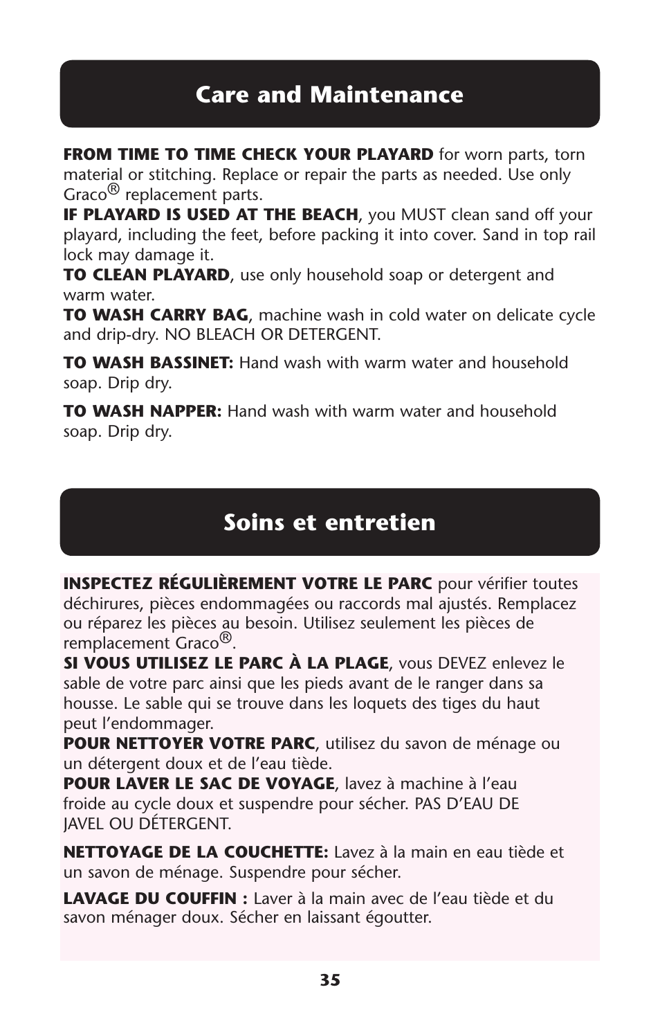 Care and maintenance soins et entretien | Graco Pack 'n Play ISPP120AD User Manual | Page 35 / 40