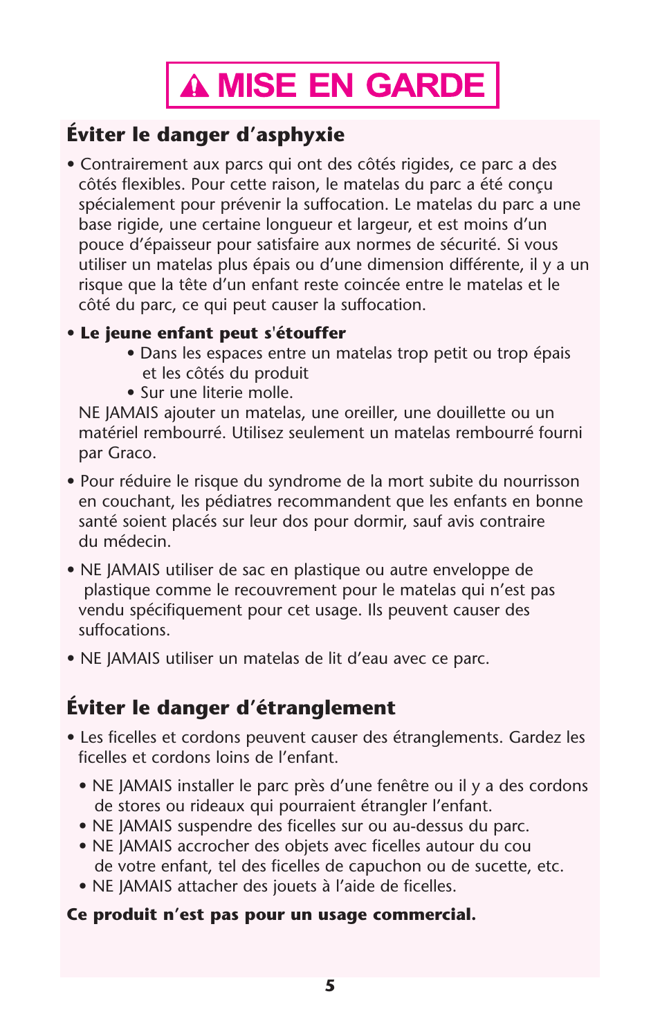 Éviter le danger d’asphyxie, Éviter le danger d’étranglement | Graco Pack 'n Play ISPP120AD User Manual | Page 5 / 40