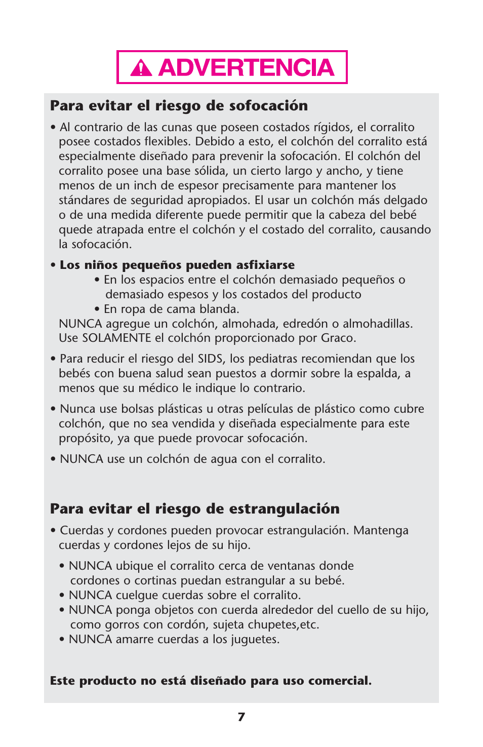 Para evitar el riesgo de sofocación, Para evitar el riesgo de estrangulación | Graco Pack 'n Play ISPP120AD User Manual | Page 7 / 40