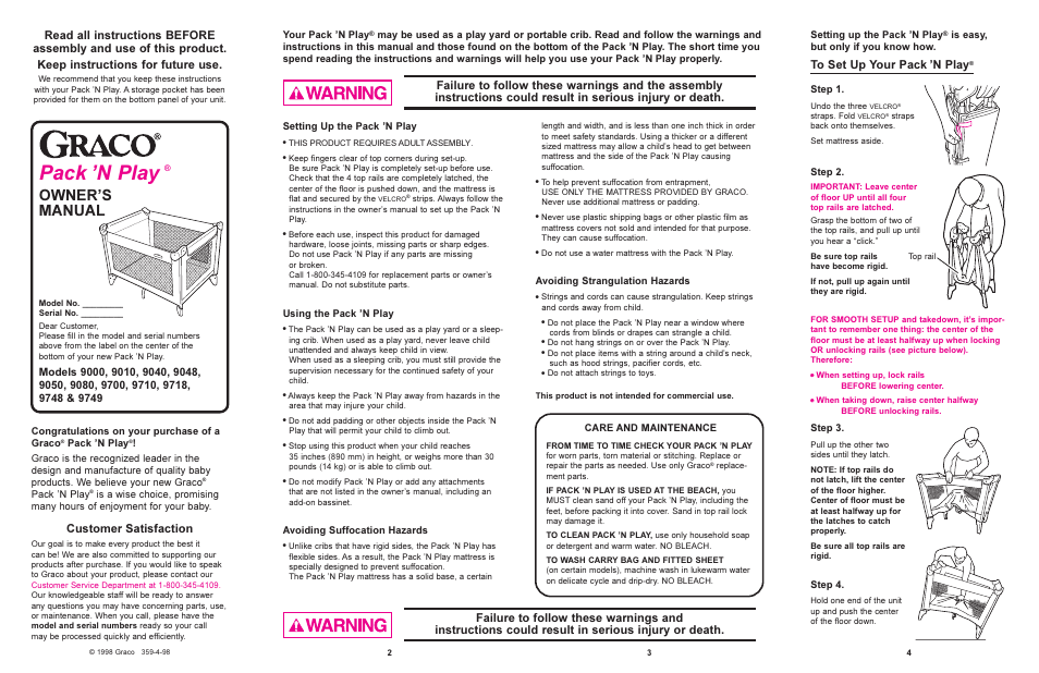 Pack n play, Owners manual, Customer satisfaction | Graco 9048 User Manual | Page 2 / 5