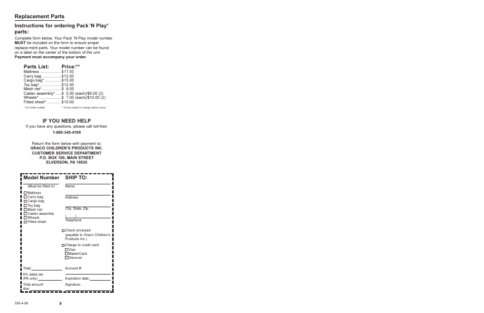 Replacement parts, Model number, Ship to | If you need help, Instructions for ordering pack n play, Parts, Parts list, Price | Graco 9048 User Manual | Page 5 / 5