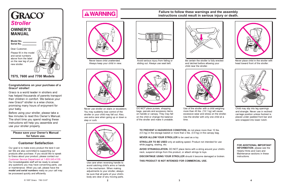 Stroller, Owners manual, Customer satisfaction | Graco 7575 User Manual | Page 2 / 7