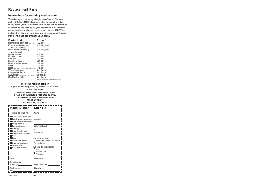 Replacement parts, If you need help, Model number | Ship to, Parts list, Price, Instructions for ordering stroller parts | Graco 7575 User Manual | Page 7 / 7