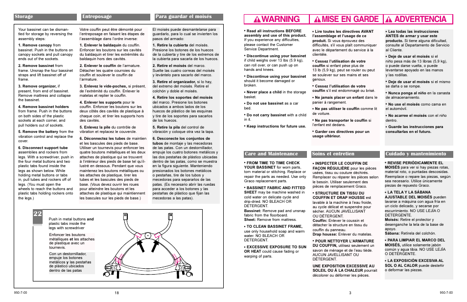 Warning advertencia mise en garde, Storage entreposage para guardar el moisés | Graco 5610 User Manual | Page 18 / 18