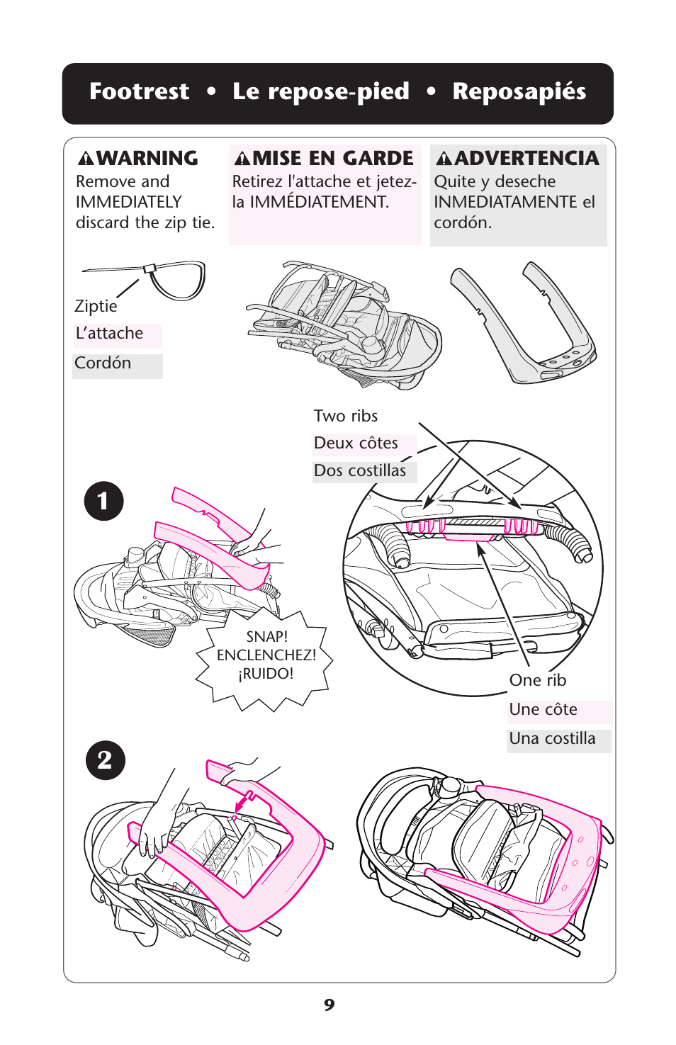Footrest • le repose-pied • reposapiés, Advertencia, Mise en garde | Warning | Graco ISPA118AC User Manual | Page 9 / 110