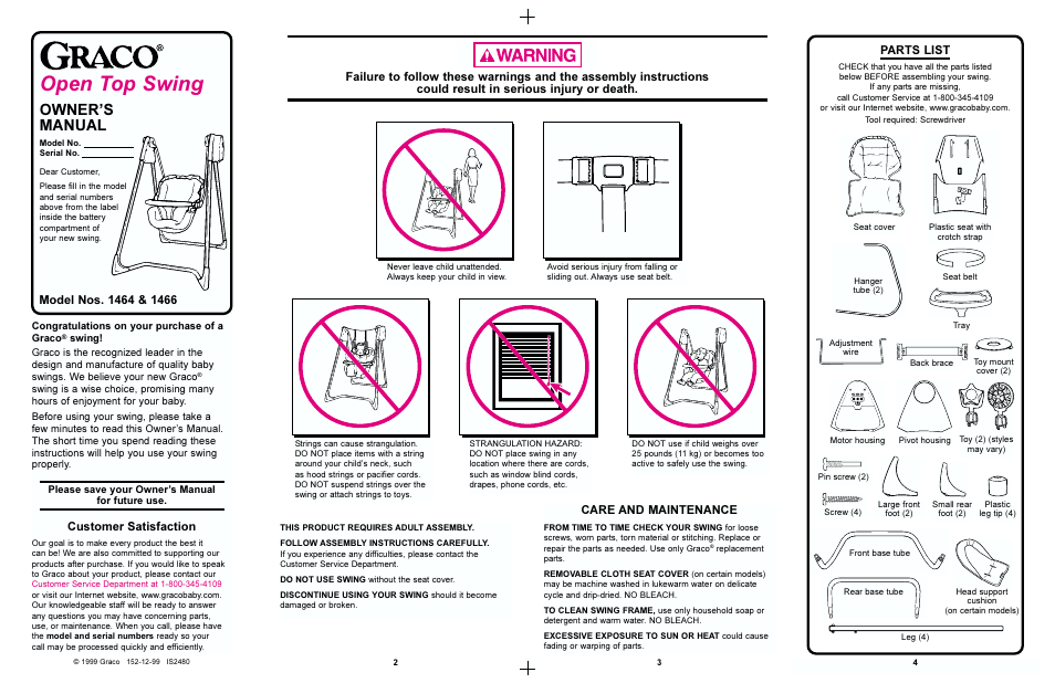 Open top swing, Owners manual, Care and maintenance | Customer satisfaction | Graco 1464 User Manual | Page 2 / 8