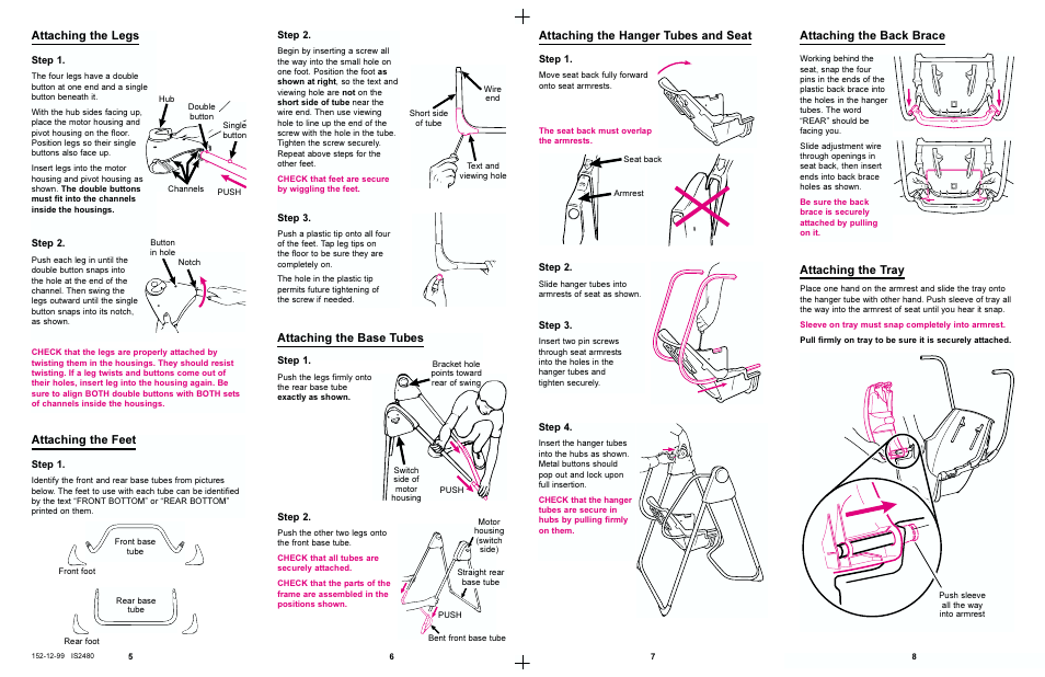 Attaching the legs, Attaching the base tubes, Attaching the hanger tubes and seat | Attaching the back brace, Attaching the feet, Attaching the tray | Graco 1464 User Manual | Page 3 / 8