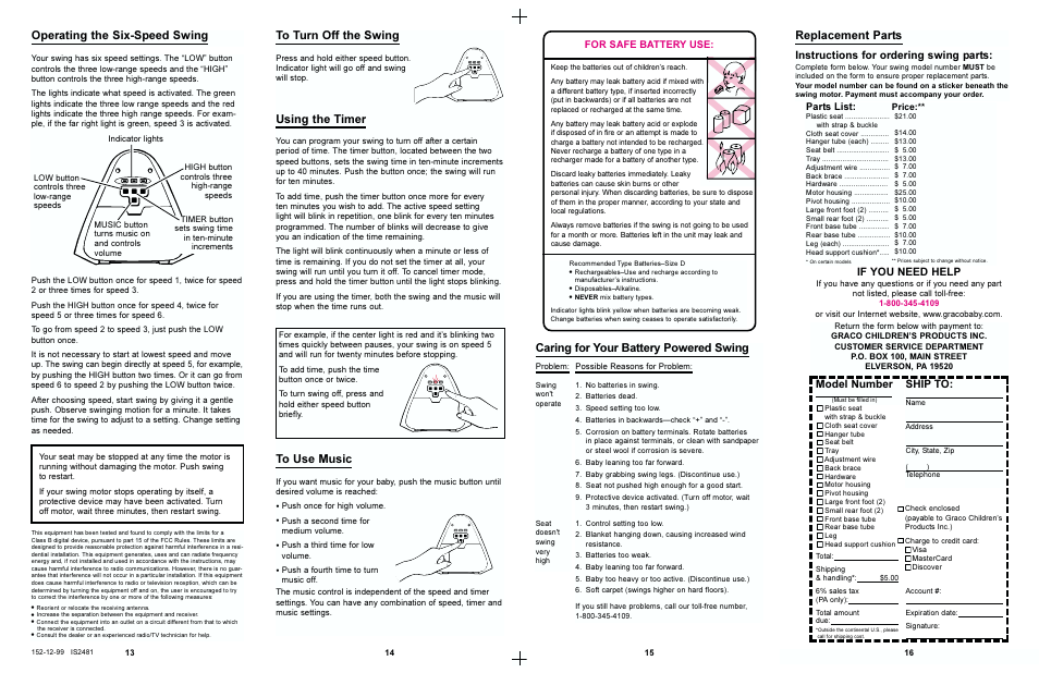 Using the timer, Replacement parts, Caring for your battery powered swing | Operating the six-speed swing, If you need help, Model number, Ship to, Instructions for ordering swing parts, For safe battery use: parts list | Graco 1464 User Manual | Page 7 / 8