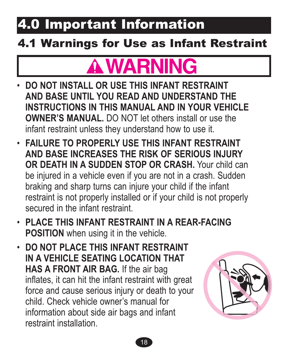 0 important information, 1 warnings for use as infant restraint | Graco 1757083 User Manual | Page 58 / 136