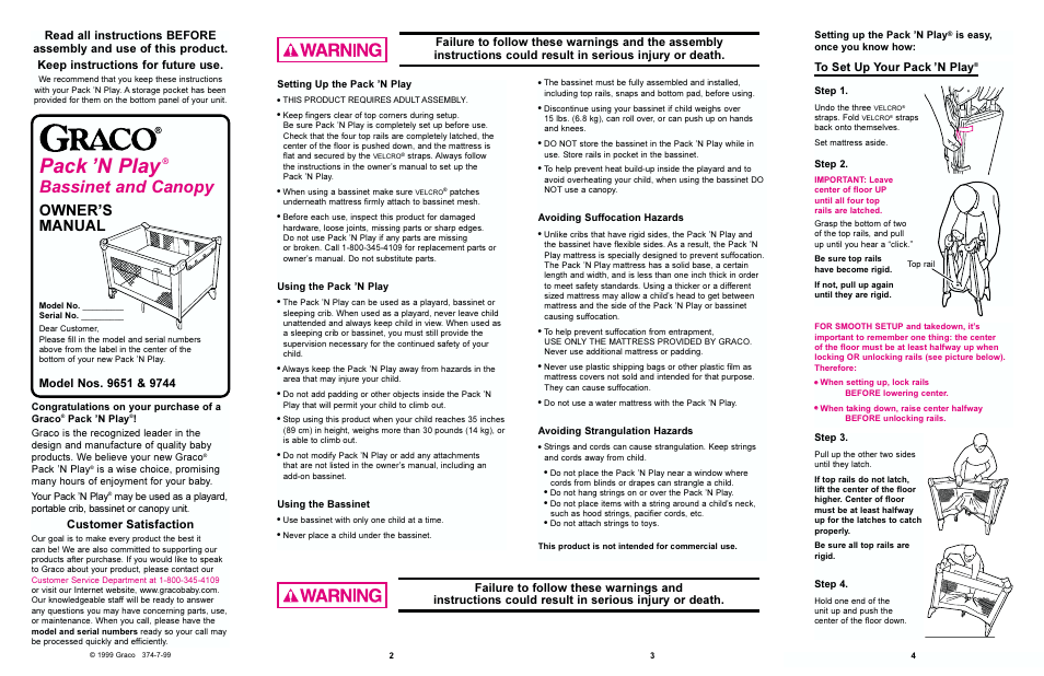 Pack n play, Bassinet and canopy, Owners manual | Customer satisfaction | Graco 9651 & 9744 User Manual | Page 2 / 10