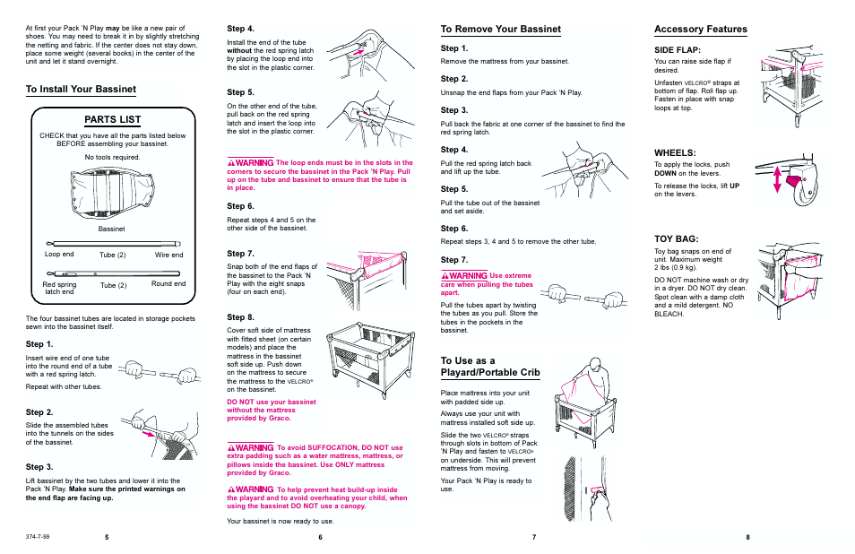 Accessory features, Wheels, Toy bag | Graco 9651 & 9744 User Manual | Page 3 / 10