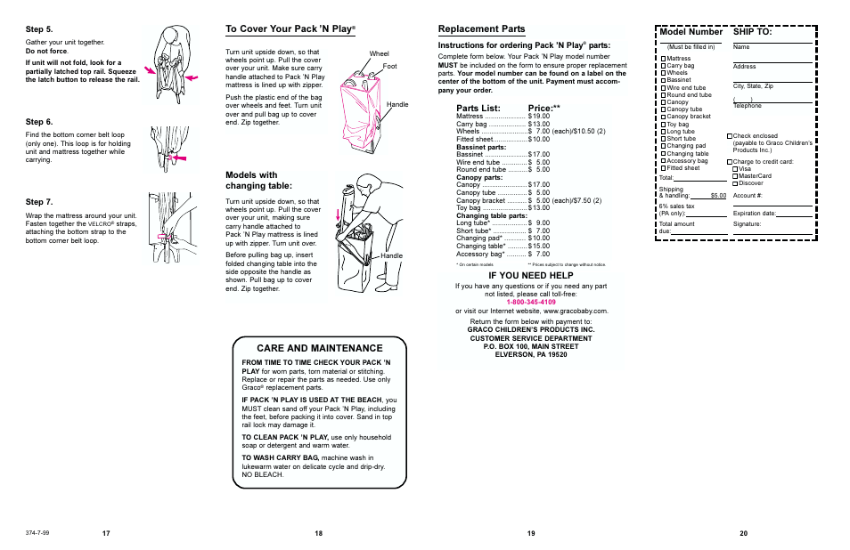 Replacement parts, Care and maintenance, Model number | Ship to, Parts list, Price, Models with changing table, If you need help | Graco 9651 & 9744 User Manual | Page 9 / 10