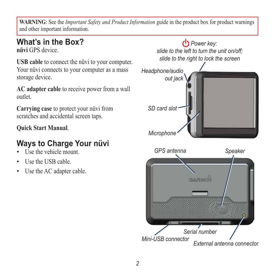 What’s in the box, Ways to charge your nüvi | Garmin nuvi 760 User Manual | Page 2 / 8