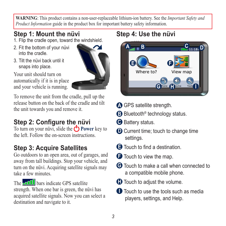 Step 1: mount the nüvi, Step 2: configure the nüvi, Step 3: acquire satellites | Step 4: use the nüvi | Garmin nuvi 760 User Manual | Page 3 / 8