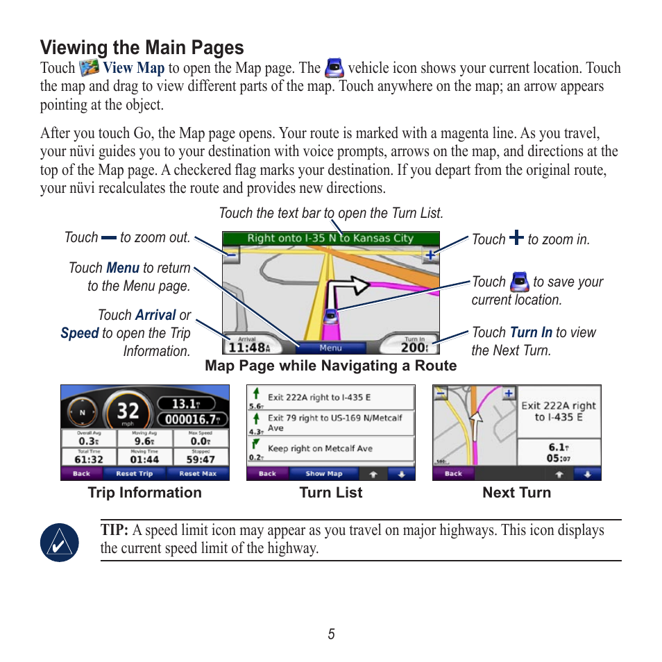 Viewing the main pages | Garmin nuvi 760 User Manual | Page 5 / 8