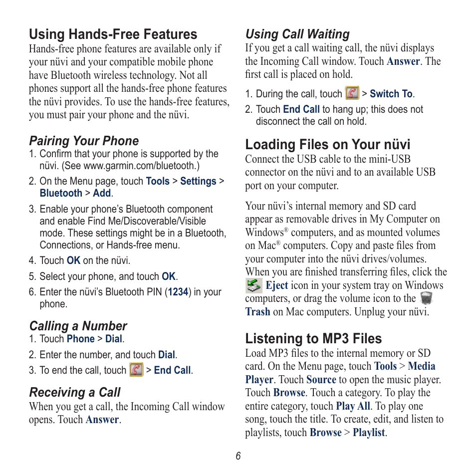 Using hands-free features, Loading files on your nüvi, Listening to mp3 files | Garmin nuvi 760 User Manual | Page 6 / 8