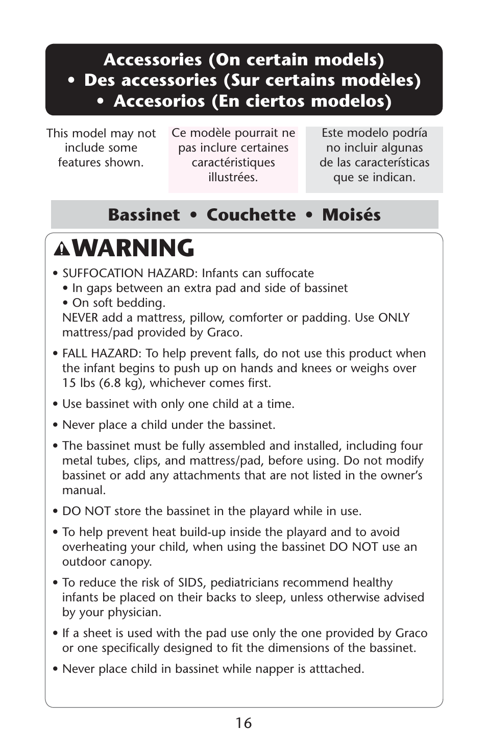 Warning, Accessories (on certain models) s s 