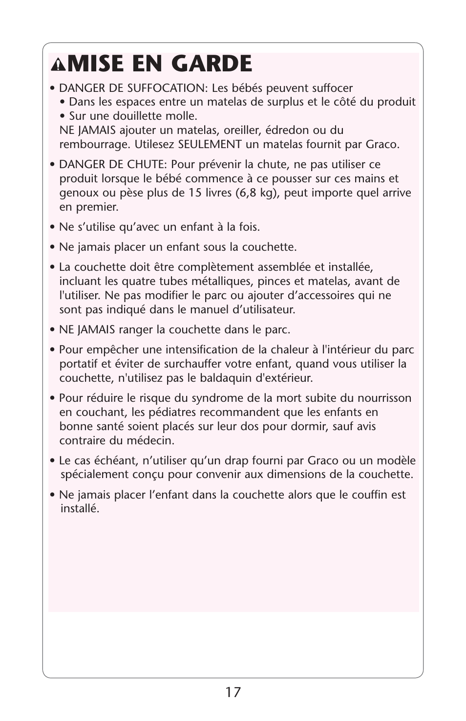 Mise en garde | Graco Pack 'n Play ISPP119AC User Manual | Page 17 / 52