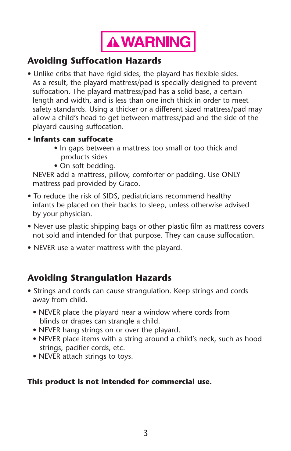 Avoiding suffocation hazards, Avoiding strangulation hazards | Graco Pack 'n Play ISPP119AC User Manual | Page 3 / 52