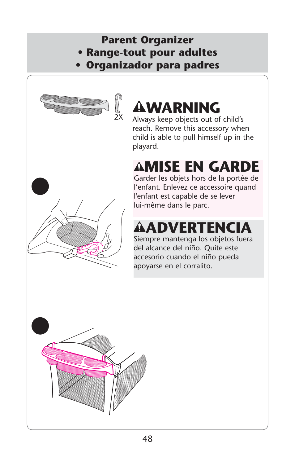 Warning, Advertencia, Mise en garde | Graco Pack 'n Play ISPP119AC User Manual | Page 48 / 52