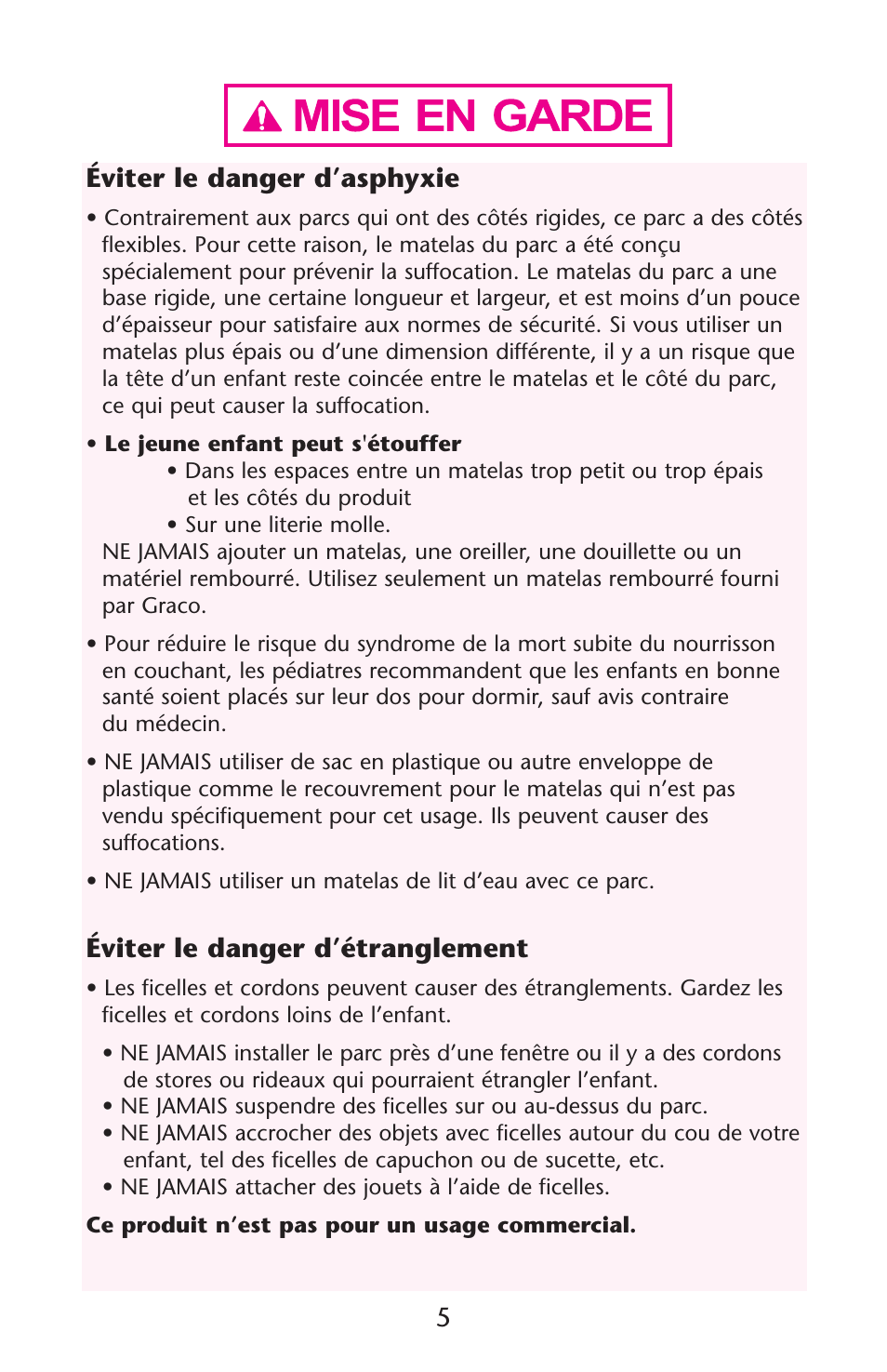 Éviter le danger d’asphyxie, Éviter le danger d’étranglement | Graco Pack 'n Play ISPP119AC User Manual | Page 5 / 52